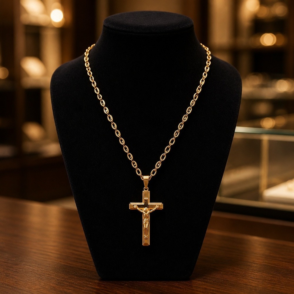 Gold‎ Tone Crucifix Pendant Necklace 24 Inch Puffed Mariner Link Chain Cross